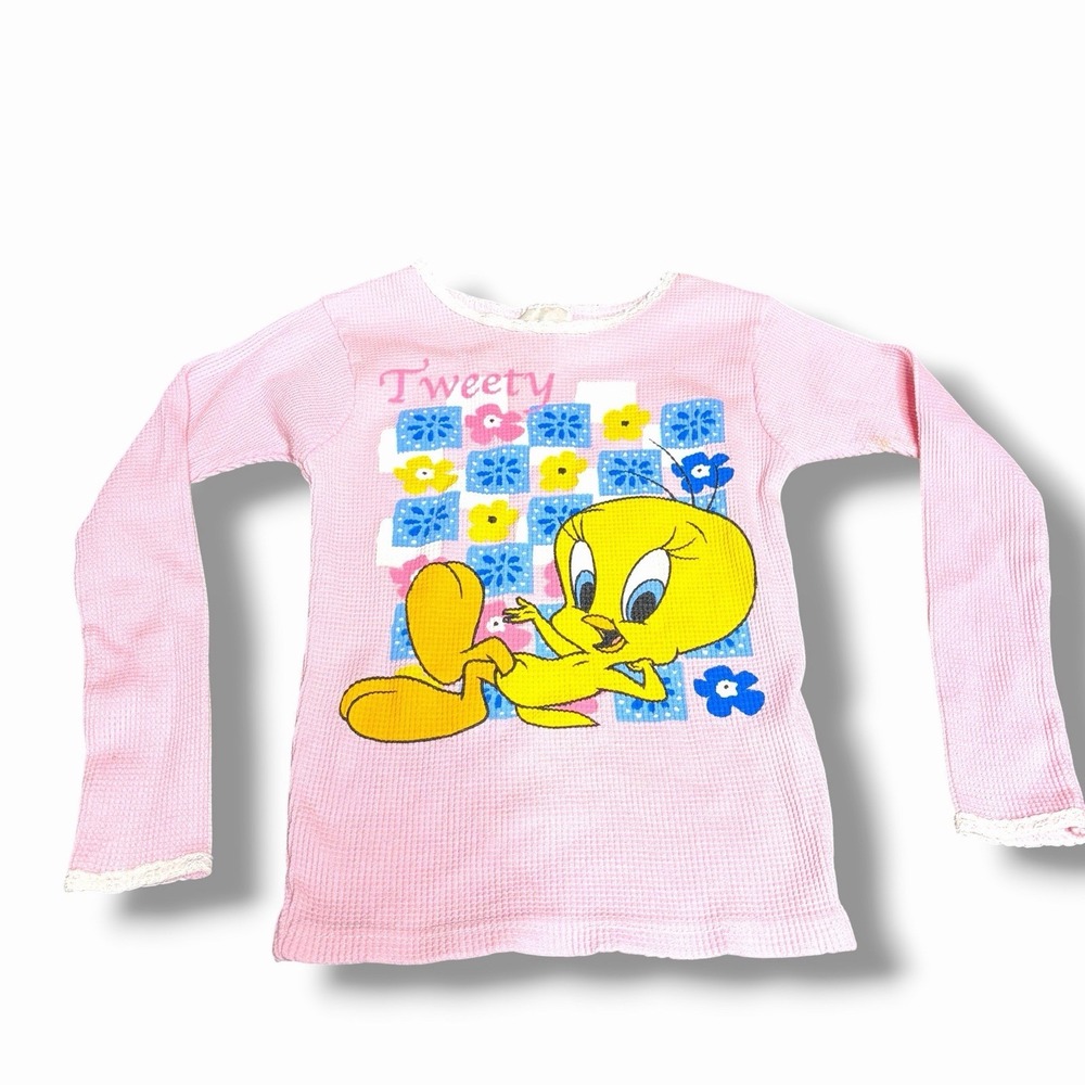 Vintage Girls Looney Tunes Tweety Bird Long Sleeve‎ Thermal Top Pink Size 8